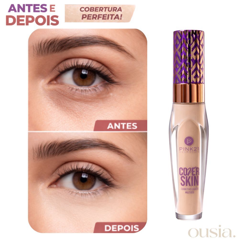 Corretivo Líquido Cover Skin Pink 21 Alta Cobertura de olheiras Longa Duração Efeito Cor Natural Hidratante Profissional