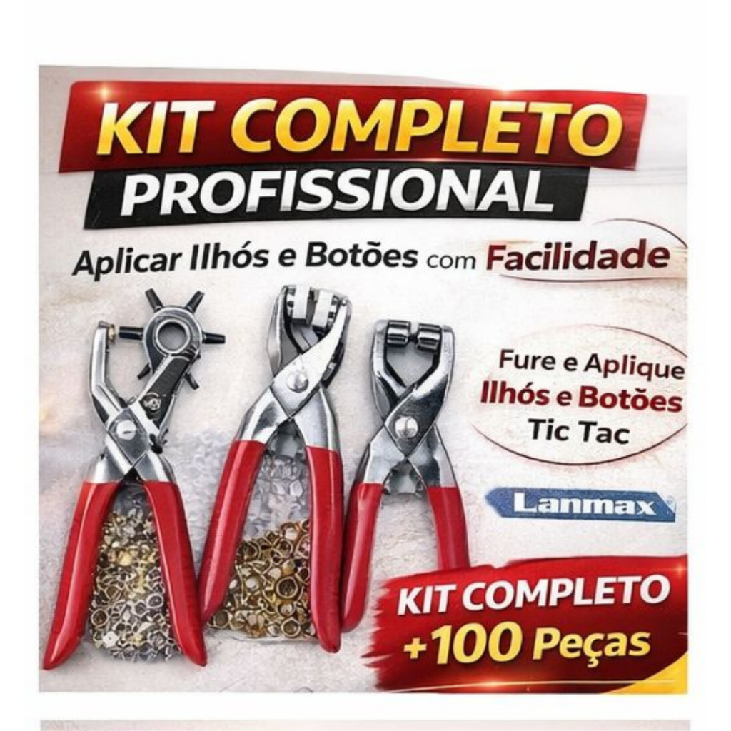 Kit Alicate Ilhós Completo Lamax Furador Aplicador Botão Tic Tac + 100 Peças Artesanato Profissional