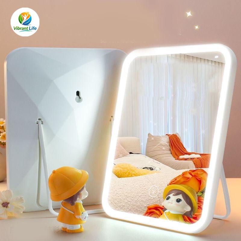Espelho de Maquiagem LED com Luz Ajustável Dobrável Portátil para Mesa Dormitório com Iluminação - Branco