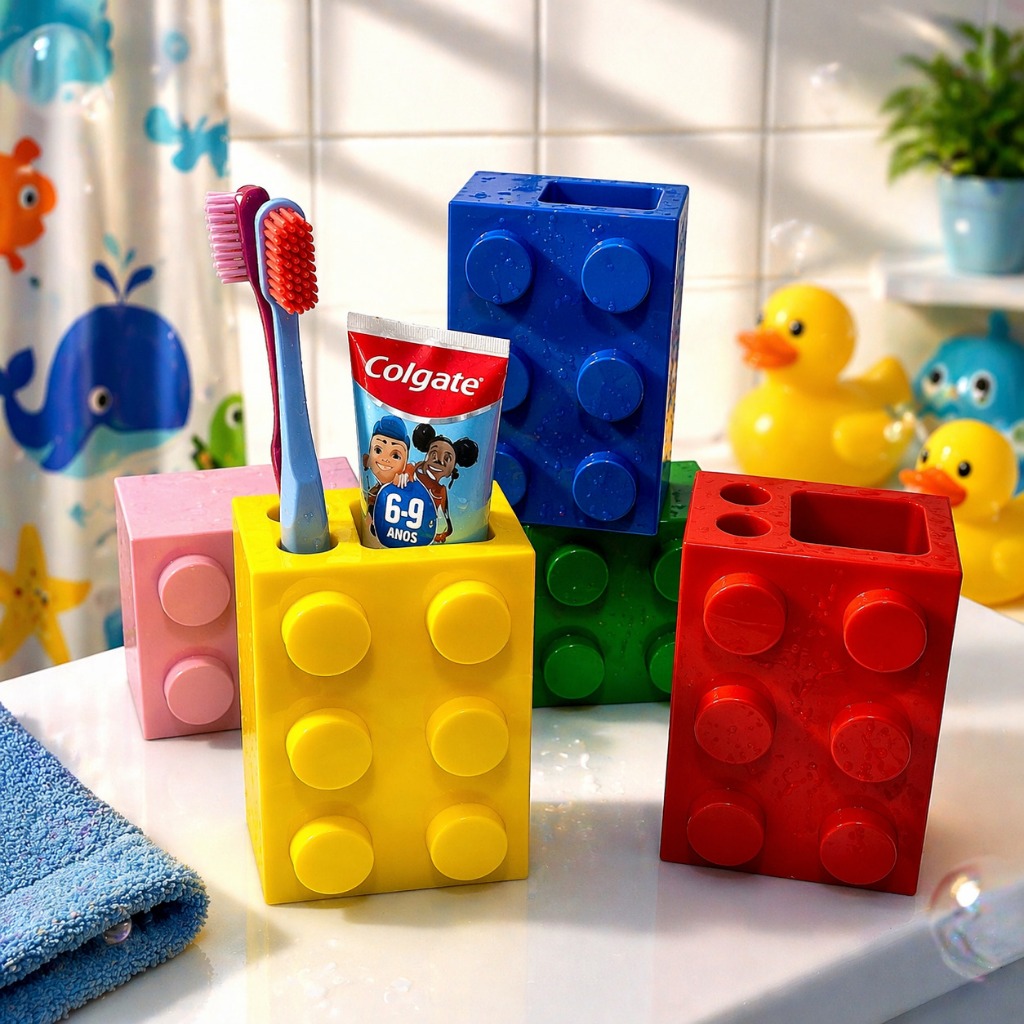 Porta Escova de Dente Infantil Estilo Lego Organizador Banheiro Criativo 3D Colorido