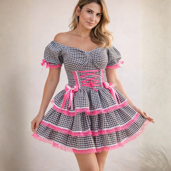 Vestido Festa Junina Adulto Xadrez Preto com Detalhes Rosa Luxo