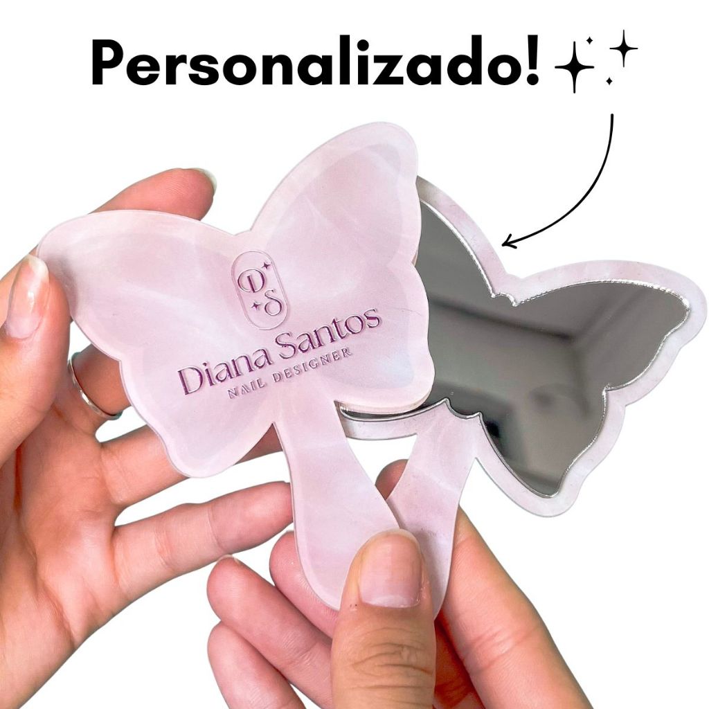 10 Espelhos Personalizados de Bolsa Logo Borboleta com Cabo Acrílico Brinde Cliente Maquiagem