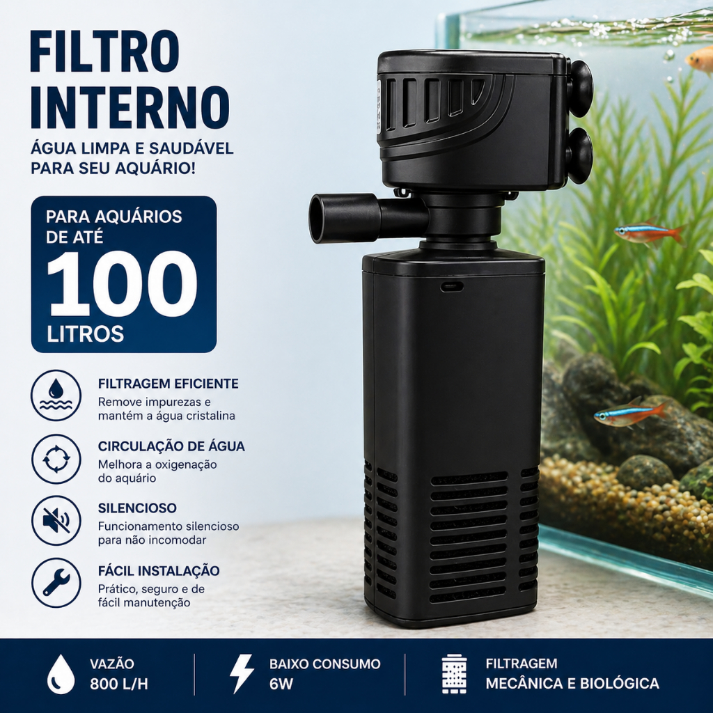 Filtro Para Aquario até 100 LITROS C/Bomba Oxigenadora Interna – Silencioso, Eficiente e Compacto