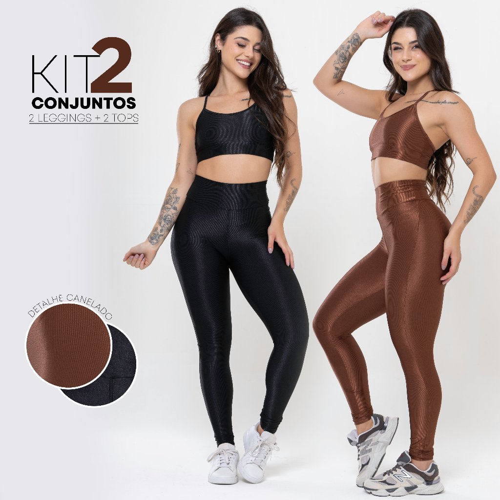 Kit 2 Conjuntos Fitness Feminino - Tops + Leggings Brilhosas Caneladas com Cós Alto, Fitness, Academia e Conforto