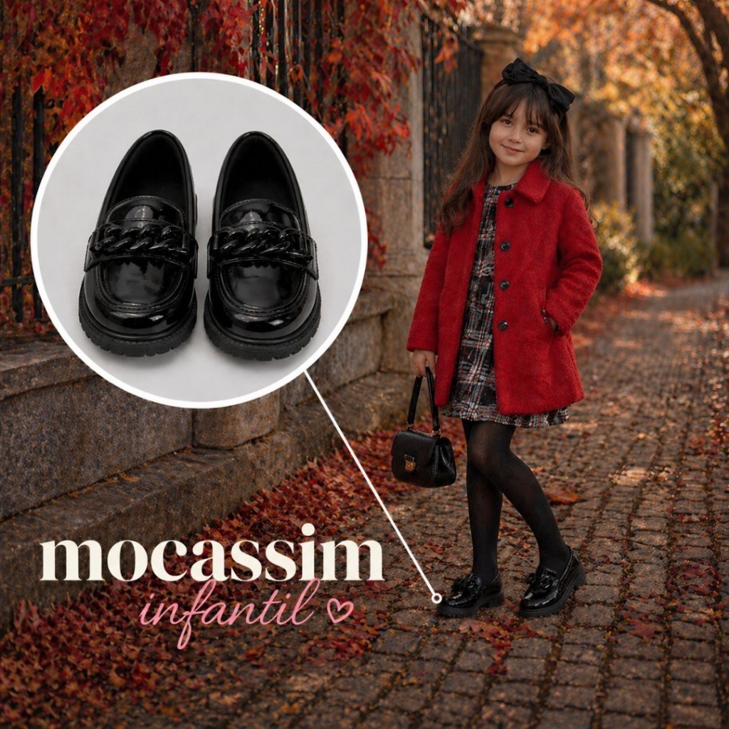 MOCASSIM INFANTIL MENINAS BLOGUEIRINHAS CORRENTE E BRIDÃO TRATORADA ANTIDERRAPANTE