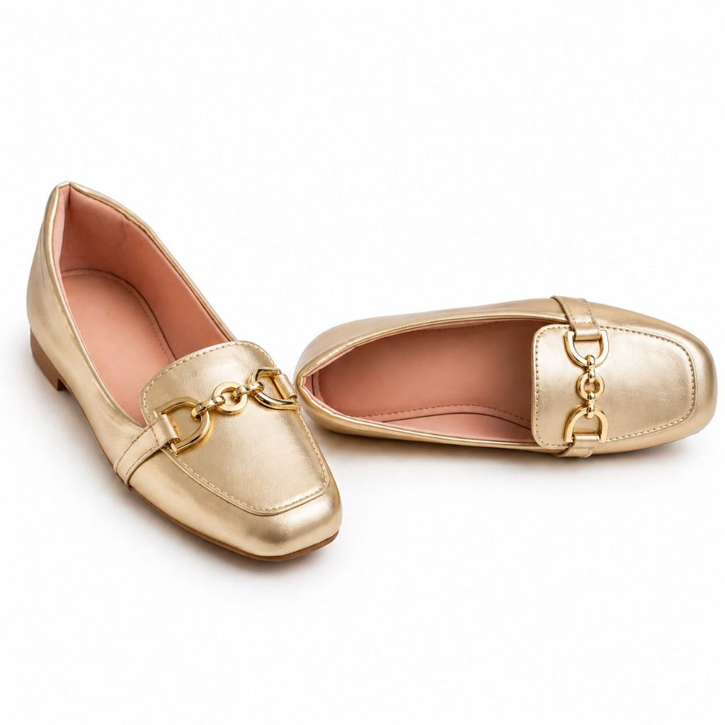 Sapatilha Feminina Confortável Luxo Elegante Sapato Feminino Mocassim Bico Quadrado Ouro Corrente