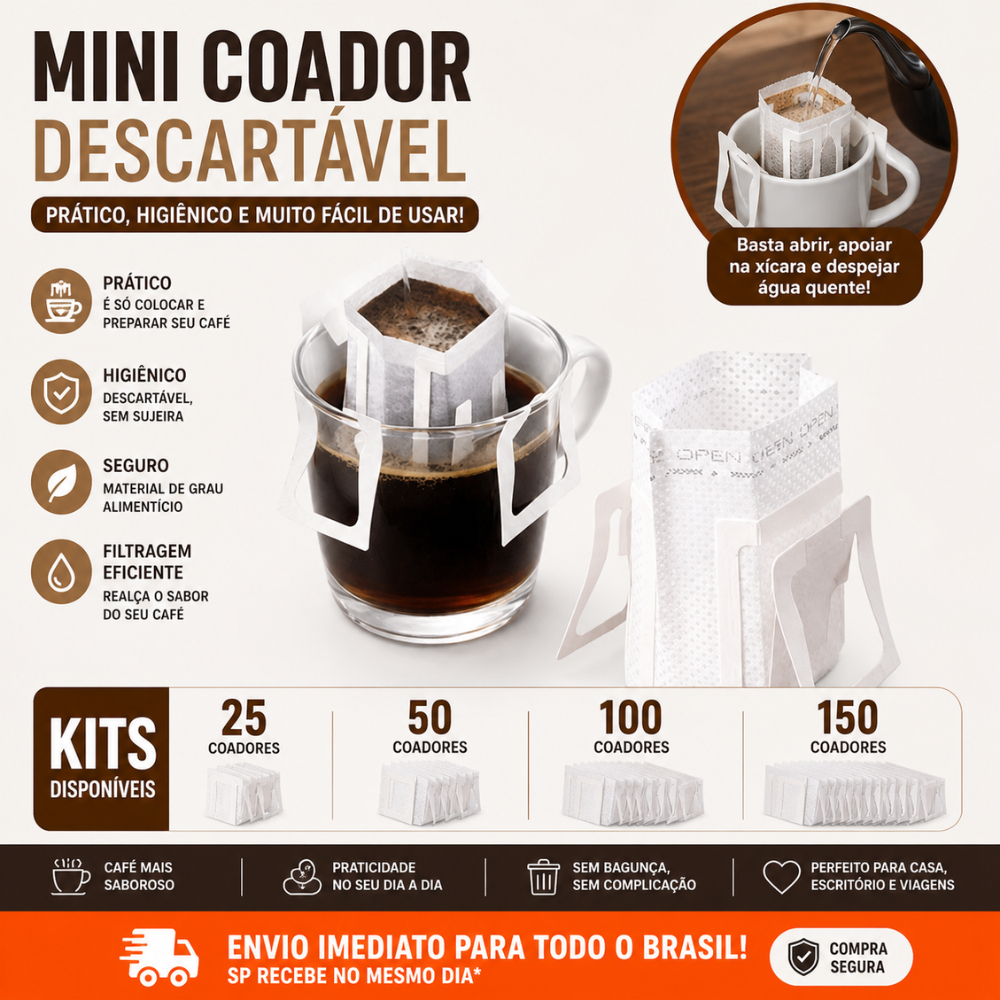 Coador de Café Descartável Individual Kit 50 a 150 Filtros de Papel Portátil com Abas para Dose Única