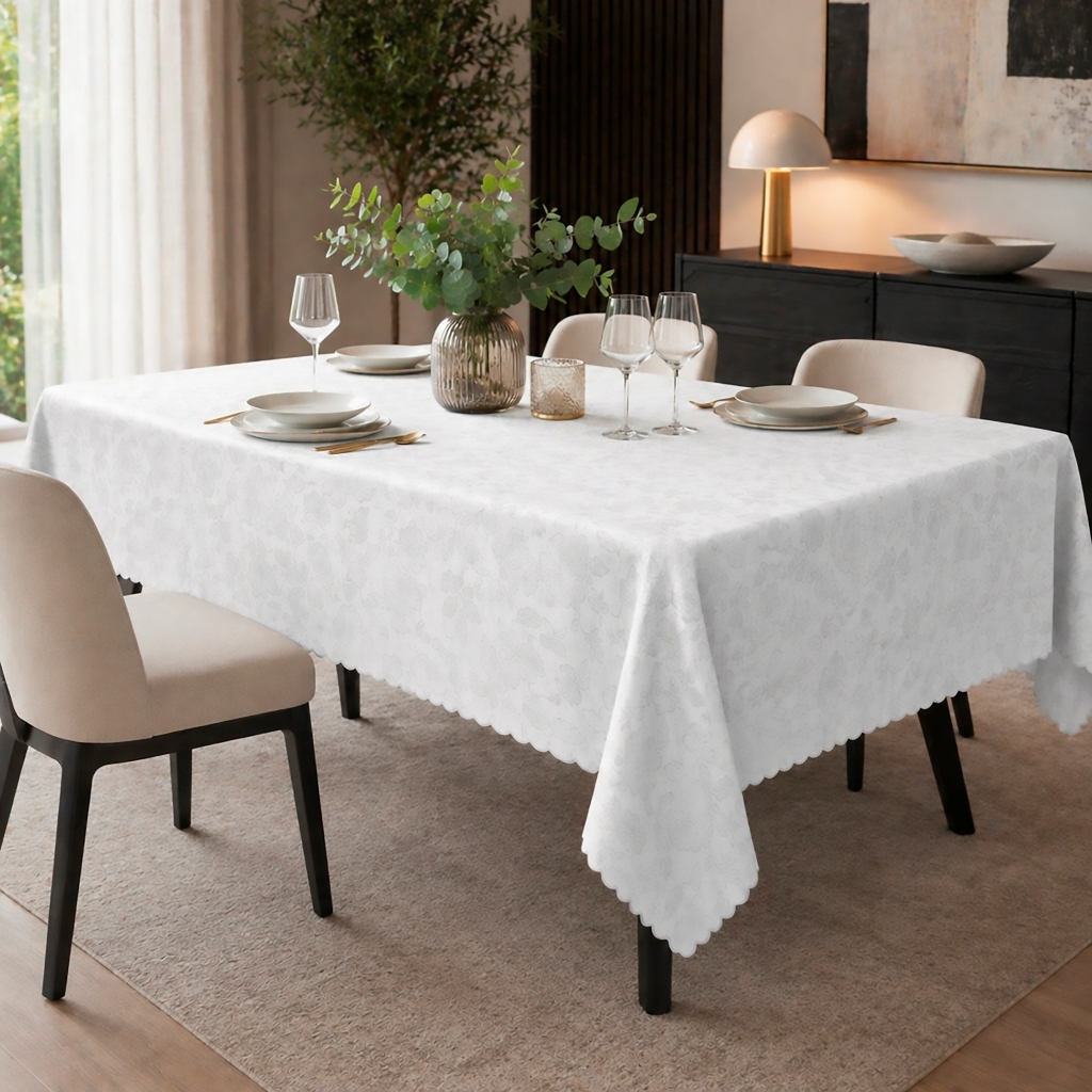 Toalha de Mesa Impermeável - Bege/Branca - 4, 6 ou 8 Lugares -  ACABAMENTO A LASER