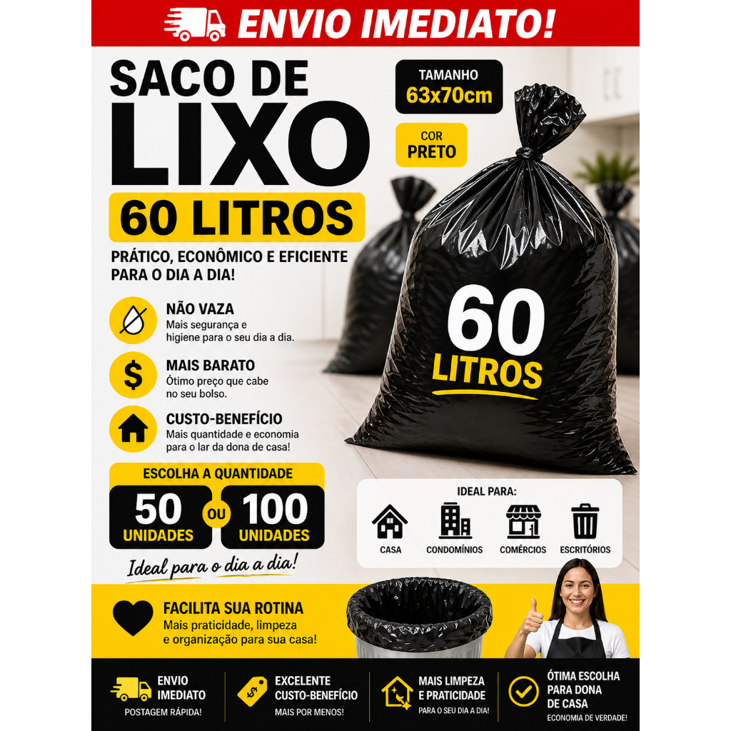 Saco de lixo 60 Litros preto 63x70 frete gratis Direto da fábrica