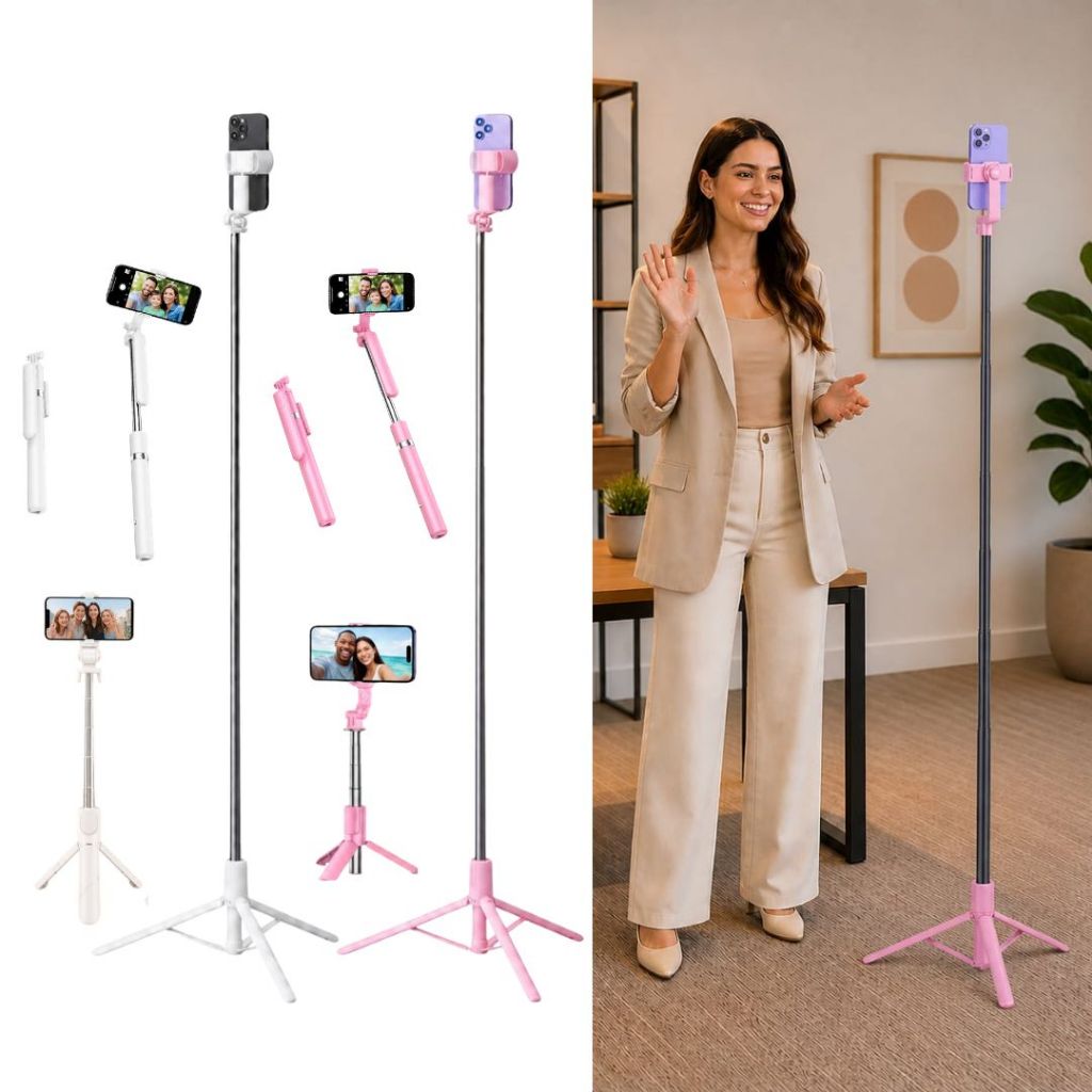 Tripé Celular Bastão Rosa Branco Retrátil 1,70M Com Controle Extensível Ajustável Foto Vídeo Chamada Selfie Gravação