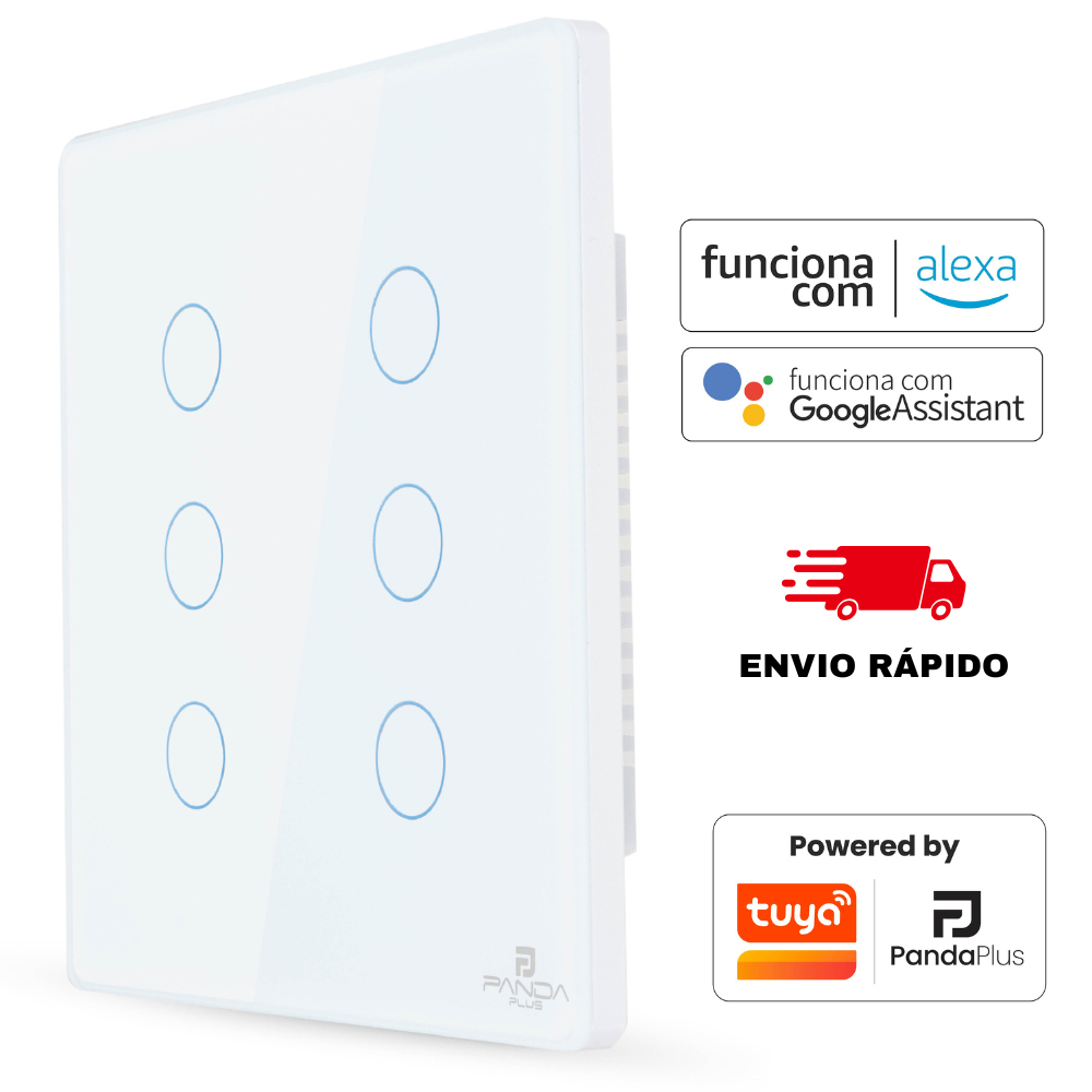 Interruptor Inteligente Touch Wifi 6 Botões Alexa Google Controle Voz Tuya App Panda Plus