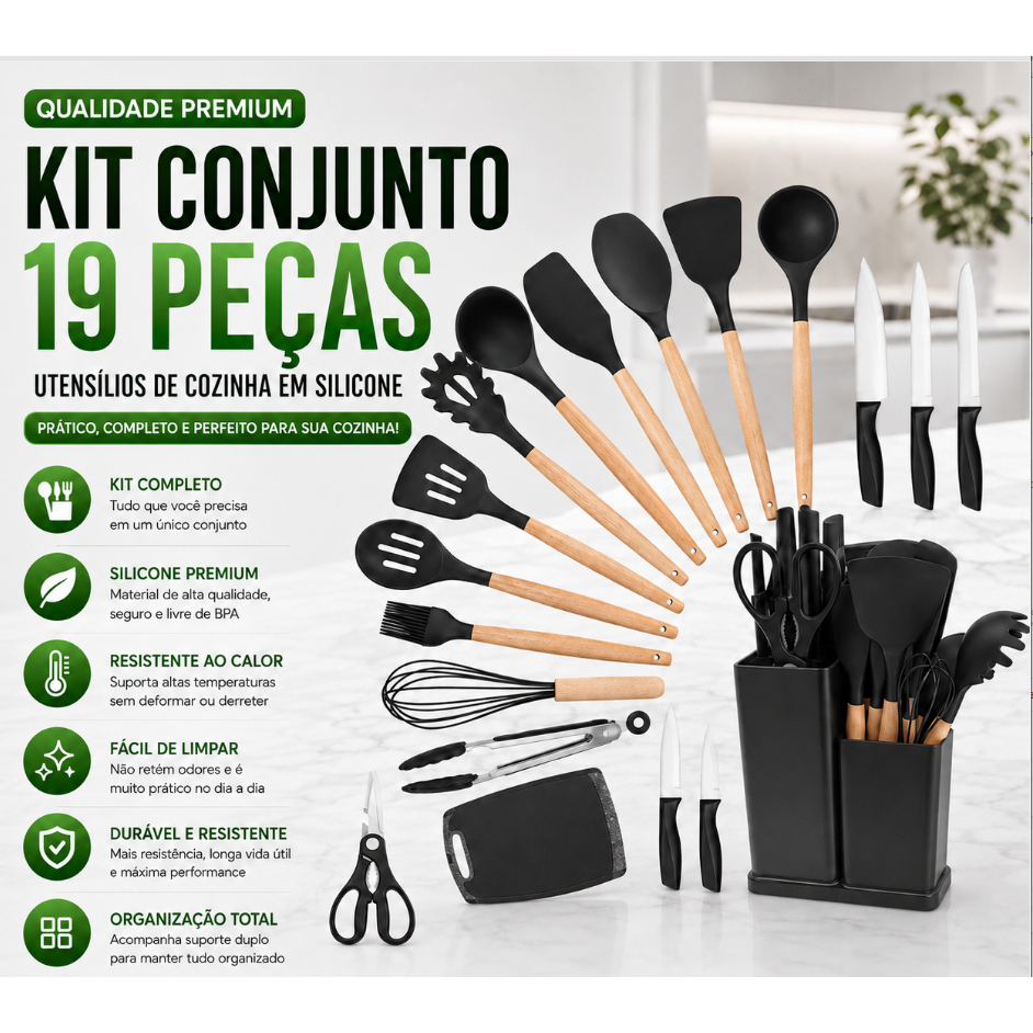 Kit Conjunto De 19 Peças Utensílios Cozinha Silicone Tabua Cor Preto