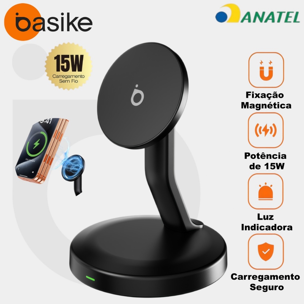 BASIKE Suporte Magnético 3 em 1 Sem Fio 15W, Carregador Rápido para iPhone, Apple Watch e AirPods