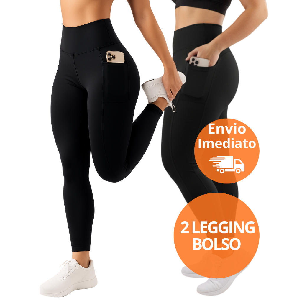 Kit 2 Calça Legging Fitness Feminina com Bolso Lateral Cós Alto Suplex Academia Treino Zero Transparência Grossa