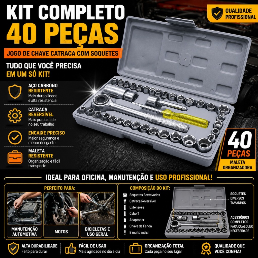 Kit Chave Catraca Com Soquetes 40 Peças Ferramentas Completo