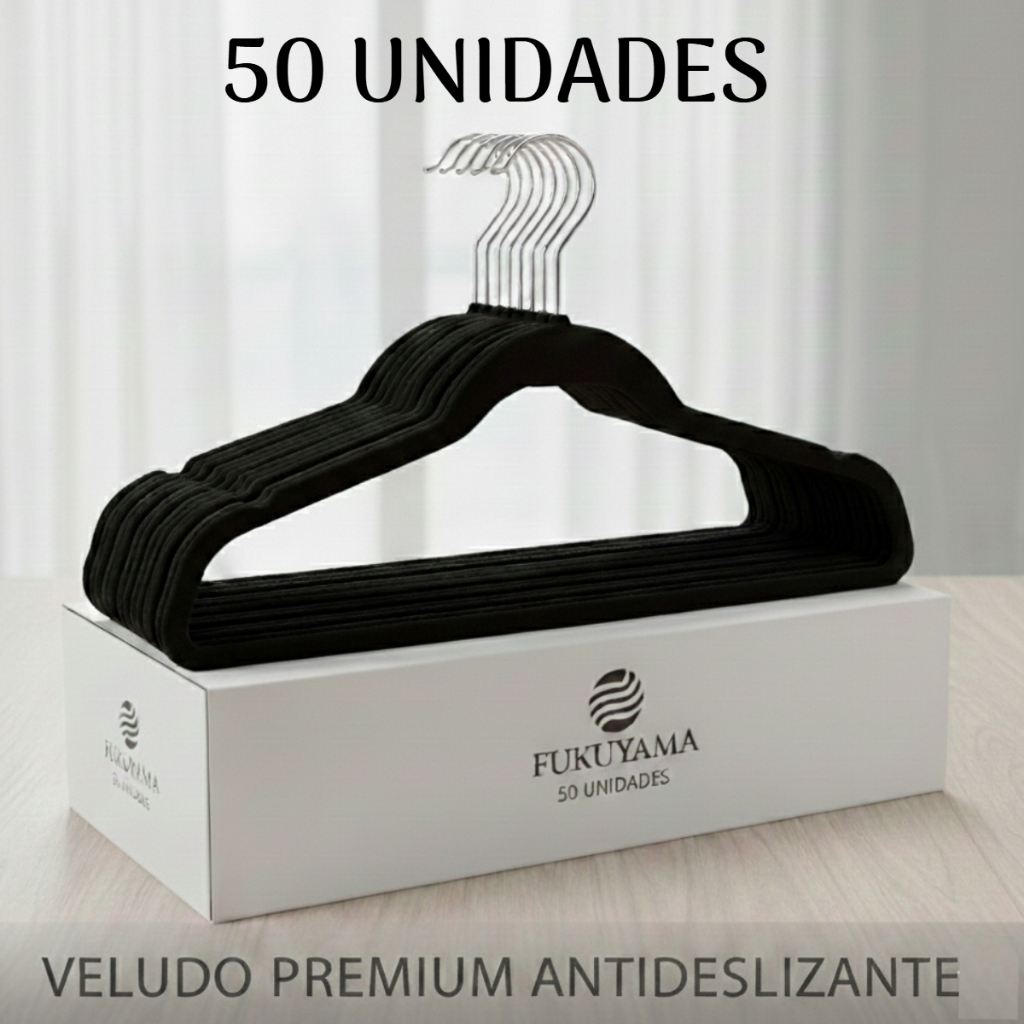 KIT 50 Cabide De Veludo Adulto Cor Preta Antideslizante Slim Com Gancho Giratório 360 Fukuyama