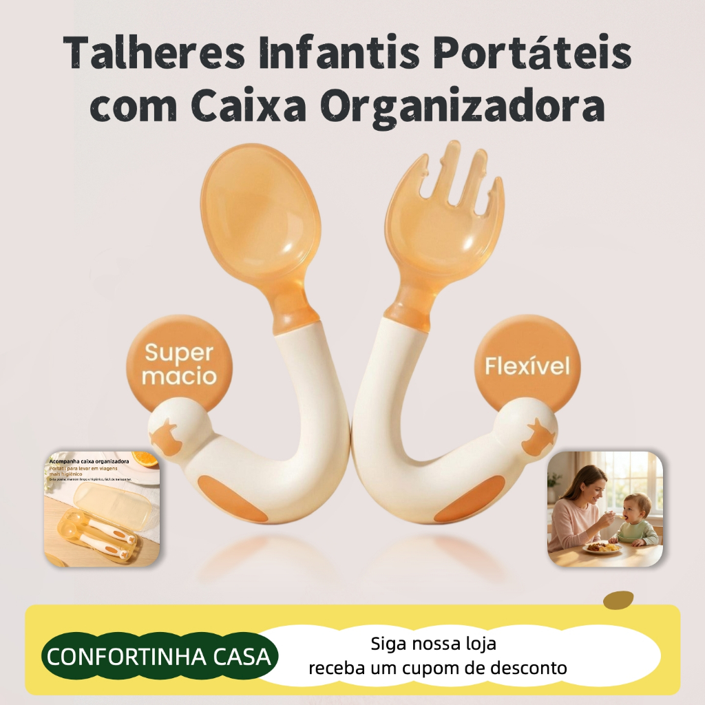 Kit Talheres de Silicone para Bebê – Colher e Garfo de Treinamento Alimentar com Cabo Flexível