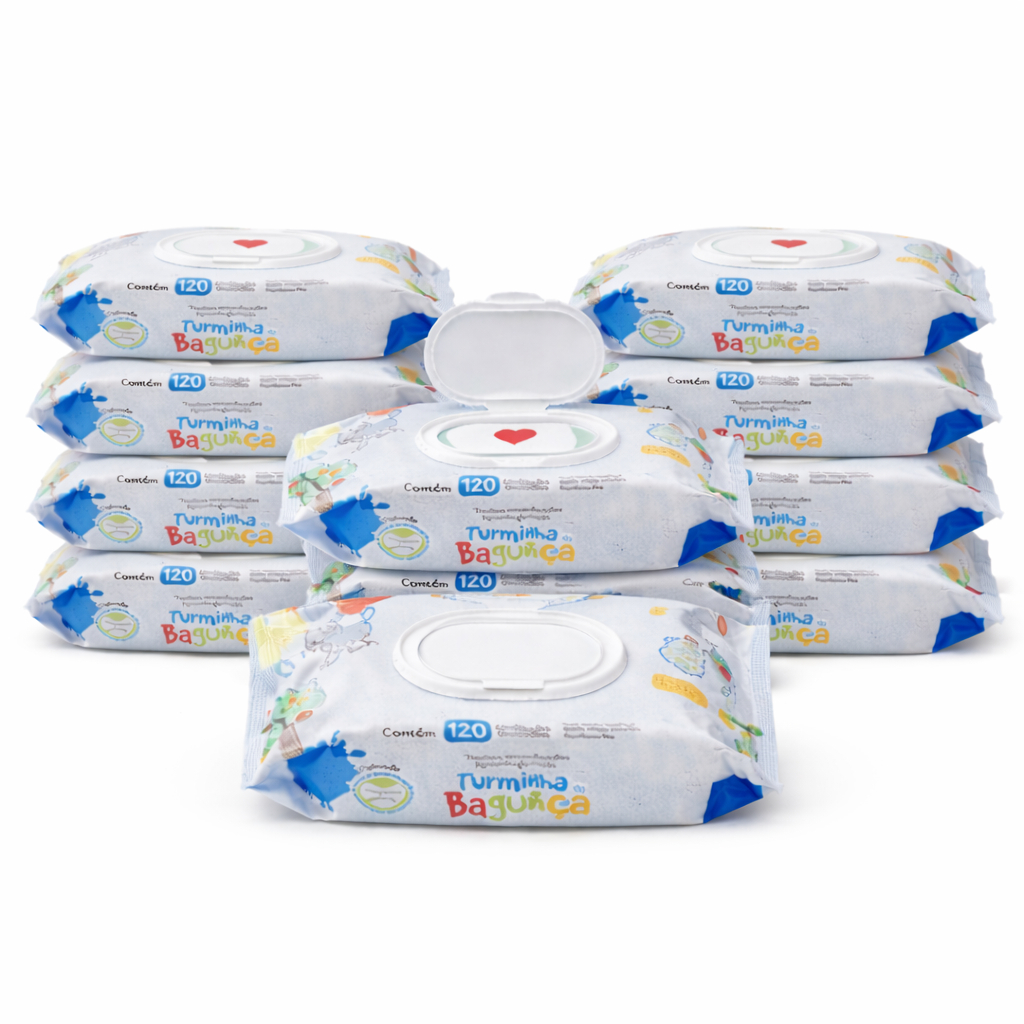 Kit 10 Pacotes Toalhas Umedecidas Turminha Da Bagunça 120 Folhas - 19x13 cm com Tampa