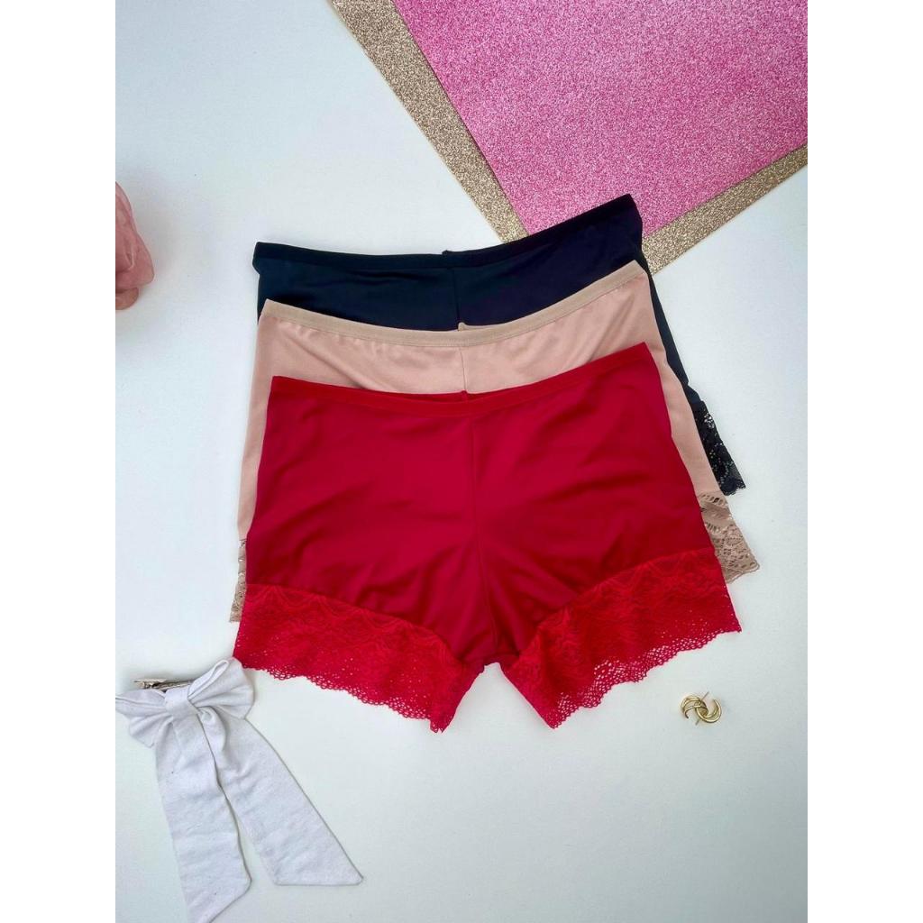 Kit 3 Short Anagua Segunda Pele Shortinho Feminino Moda Intima Detalhe em Renda LingerieCintura Alta