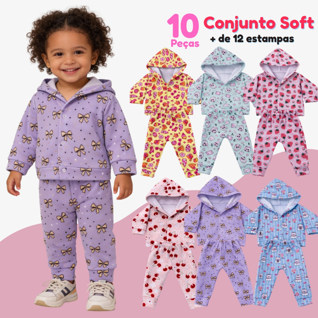 Kit 10 Peças Conjunto Soft Estampado Com Capuz Menina Infantil Bebê (5 Casacos + 5 Calças)