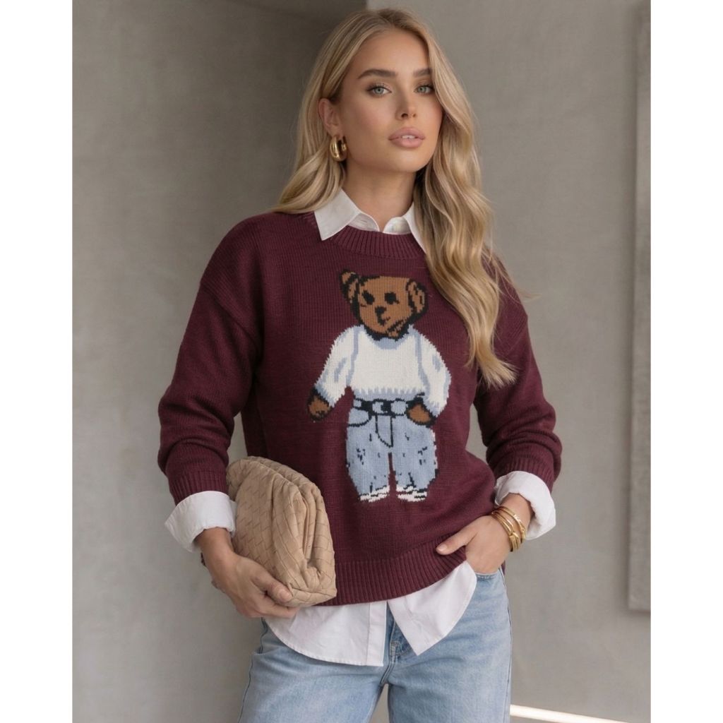 Blusa Ursinho Feminina Tricô Manga Longa Moda Inverno Tricot Barra Canelada Gola Canoa