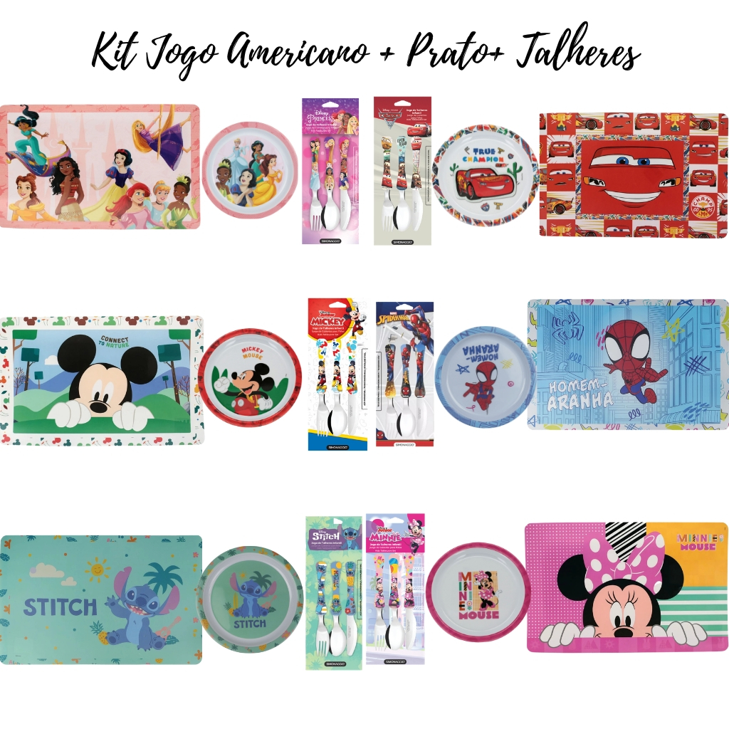 Kit Prato + Jogo Americano + Talheres Infantil Personagens Disney Homem Aranha Princesas Carros