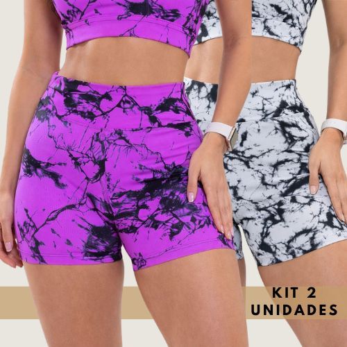 Kit 2 Shorts Academia Fitness Zero Transparencia Marmorizado Cintura Alta Meia Coxa Feminino Tie Dye