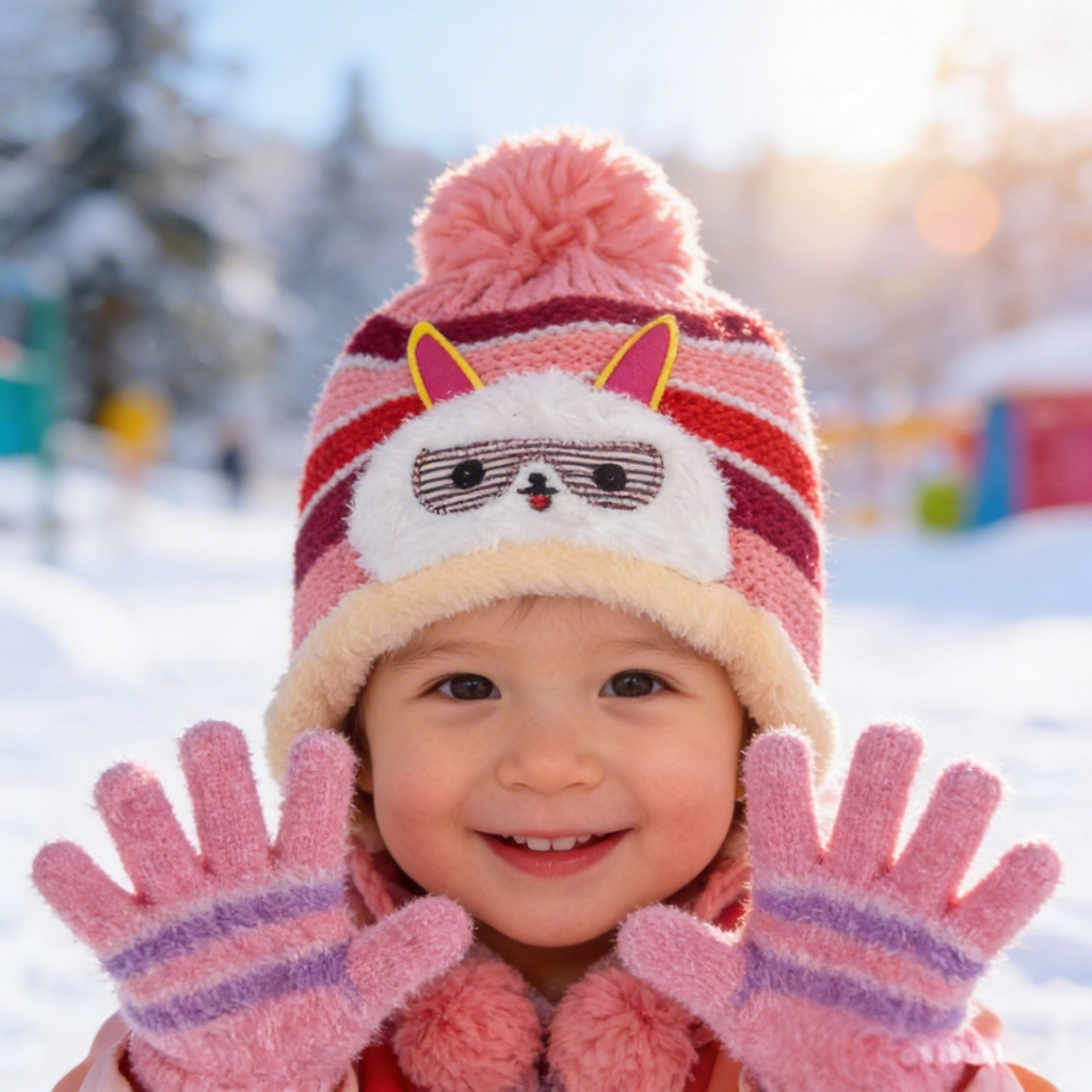 Kit Touca e Luva Bebe Com Pom Pom Forrada Quentinho Menino e Menina Para Inverno Frio Infantil