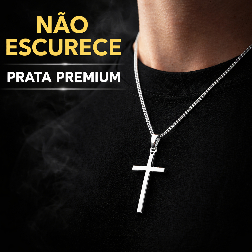 Colar Masculino Crucifixo Prata Corrente Grumet Fina 0,8mm Não Escurece Pingente Cruz Premium