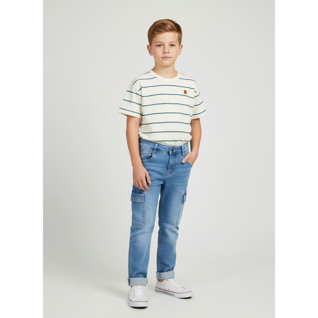 CALÇA JEANS MOLETOM INFANTIL MENINO BOLSOS CARGO COM BARRA VIRADA KOOKABU