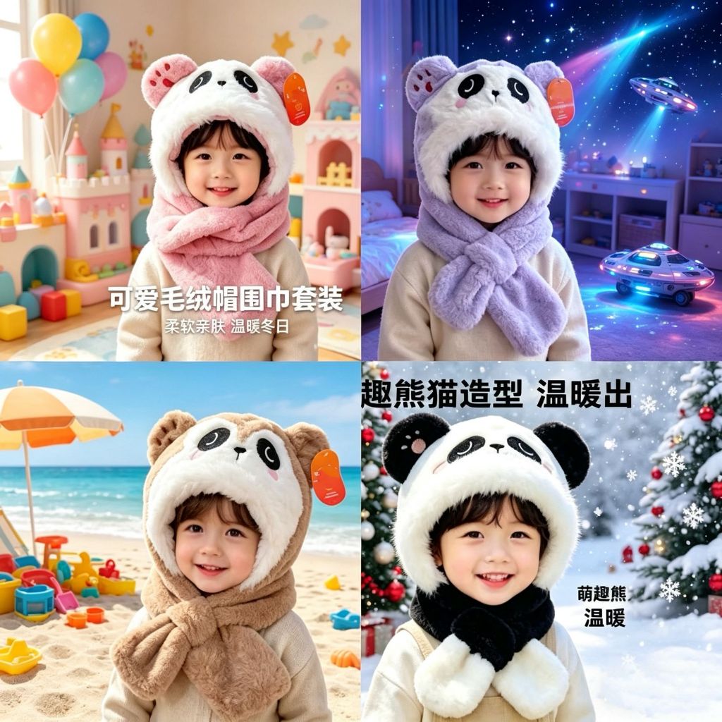 Infantil 5 ao 16 anos Panda Urso Touca Cachecol  2 em 1 Peluciada Tampa Orelha Forrada Para Menina e Menino
