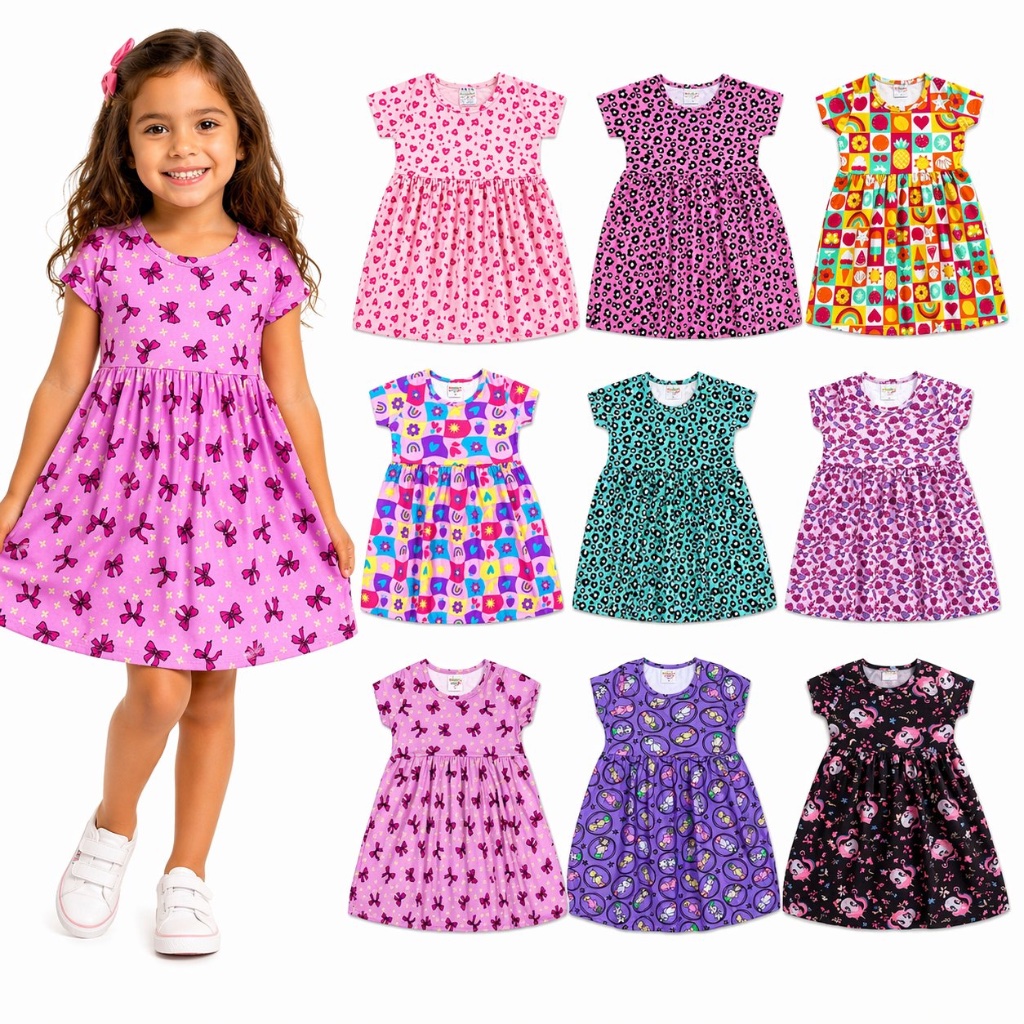Kit 2 Vestidos Infantil Feminino Sortidos Manga Curta Estampados Algodão Moda Verão Menina | Tam 1 a 10 | REF 2405