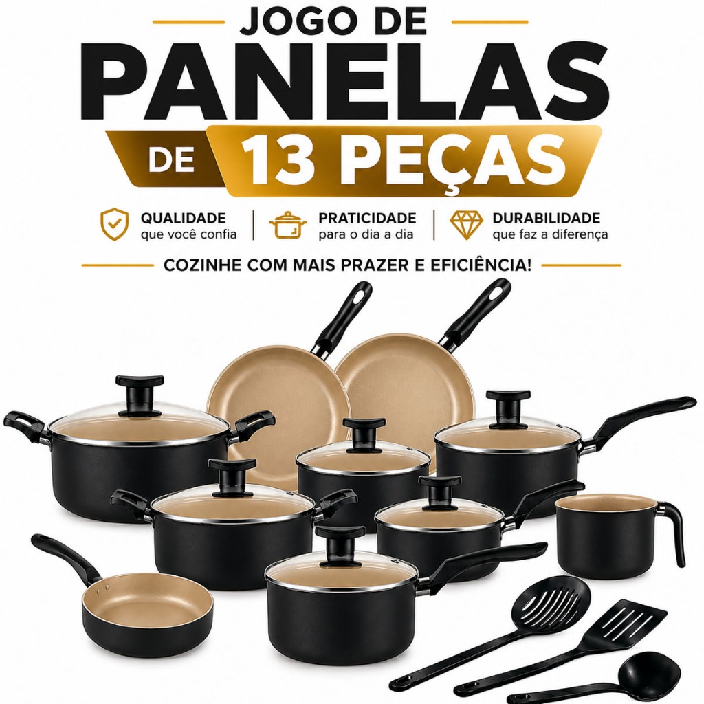 Jogo de Panelas 13 Peças Preto e Bege Antiaderente Kit Caçarola Frigideira Fervedor Talheres Conjunto Mesa Posta