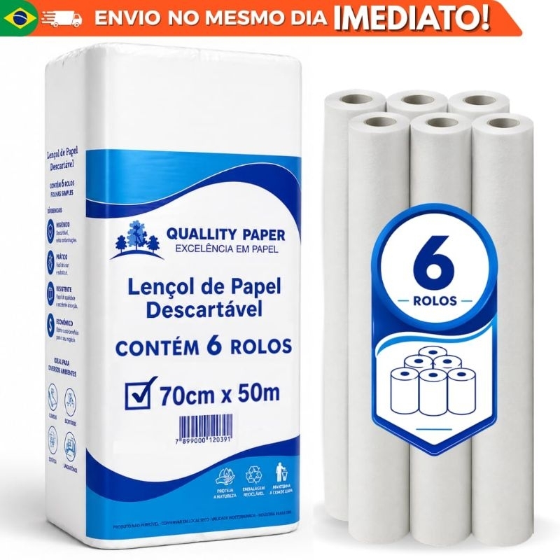 kit 6 rolos Lençol Descartável Papel Hospitalar Maca rolos 70 cm x 50 mts