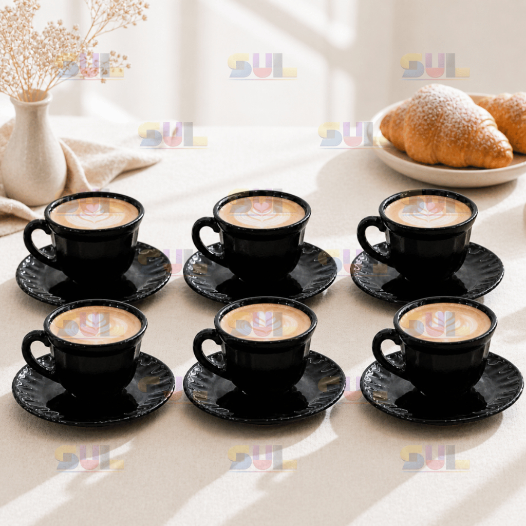 Jogo de Xicara 12 Peças Preto EM VIDRO TRABALHADO PRETO Chá Café Louça Moderno