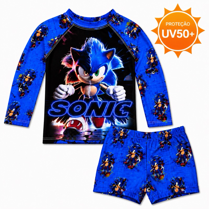 Conjunto Infantil Sonic UV 50+  Roupa Praia Piscina Menino Proteção Solar