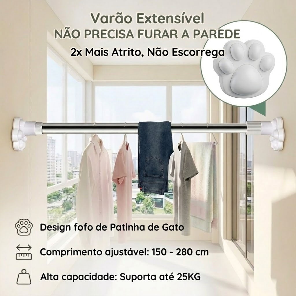 Varão Extensivel 2.8M Sem Furar Parede Patinha de Gato Suporta 25kg SEM FUROS Suporte Cortina Extensível 2X Mais Firme