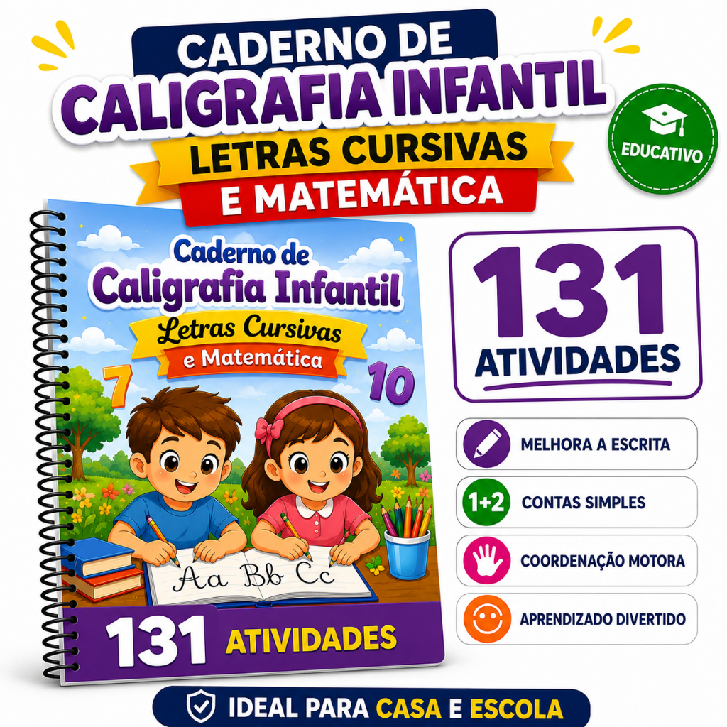 Caderno De Caligrafia Infantil Letras Cursivas com 131 Atividades Desenhos e Matemática