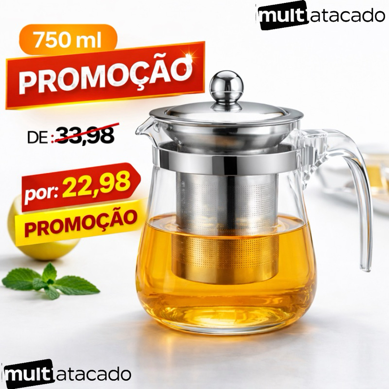 novo:Bule Chaleira De Vidro Com Infusor Aço Inox Para Chá e peças avulsas 750Ml / 500Ml / 350 Ml