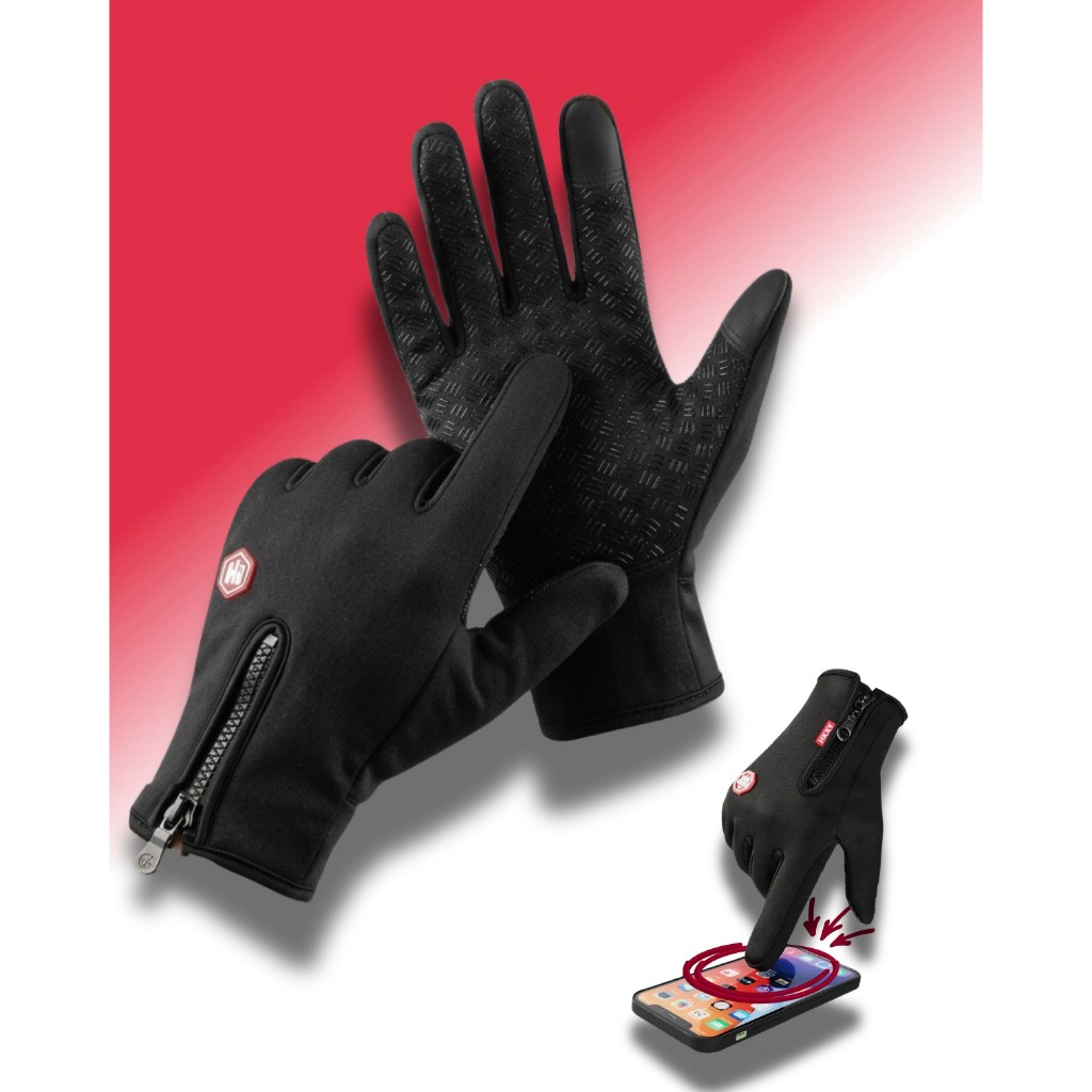 Par Luvas de Moto Térmica Impermeável com Toque para Telas Com Ziper, Preto