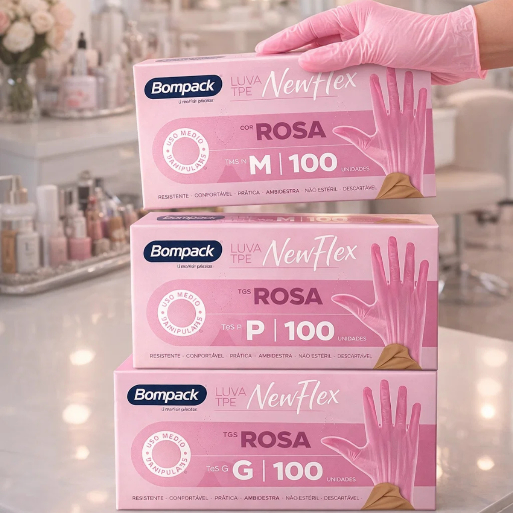 Luva Rosa Newflex Bompack s/ Pó com 100 Unidades Tamanho P M G | Descartável | Envio Imediato