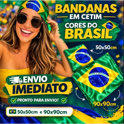 Lenço Bandana Bandeira do Brasil Cetim 50x50 90x90 Feminino Multiuso Copa 2026