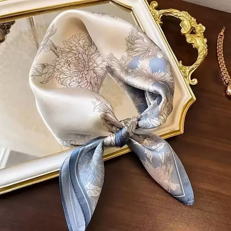 Lenço de seda fina 70x70, flores de crisântemo, textura acetinada, imitação de cetim, proteção solar