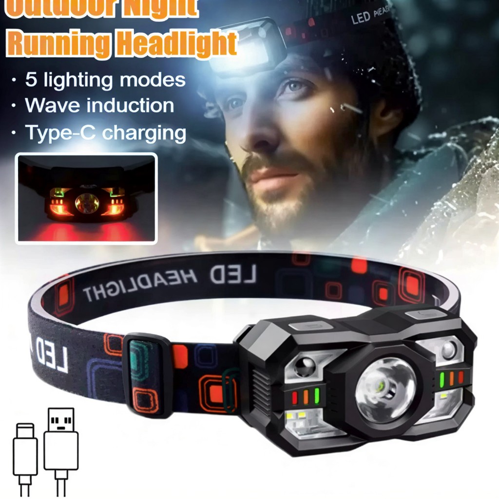 Lanterna De Cabeça Led Com Sensor 5 modos de iluminação e Ajuste De 45° À Prova D'água