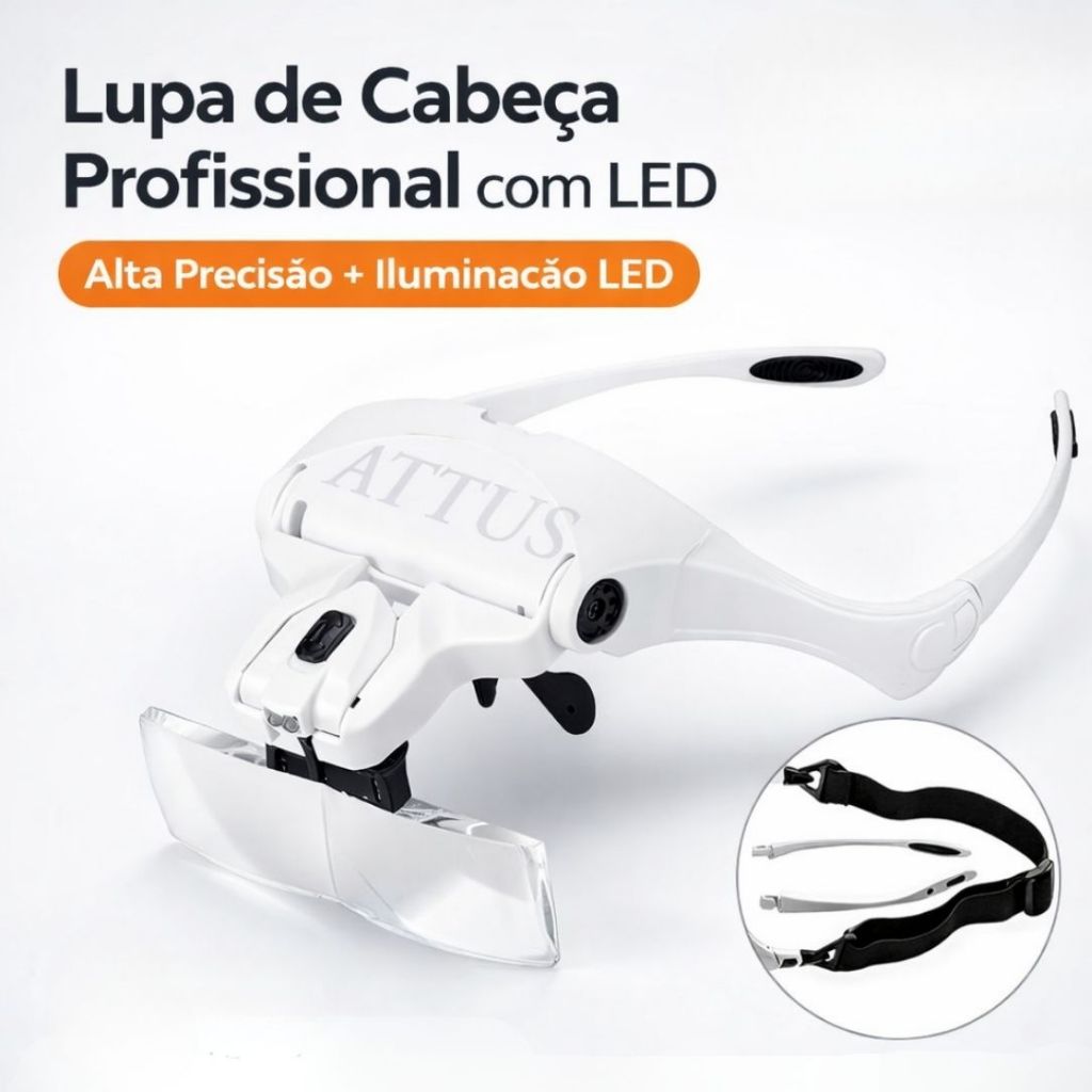 Lupa Óculos Cabeça Profissional Estética 5 Lentes 2 LED Aumento Leitura