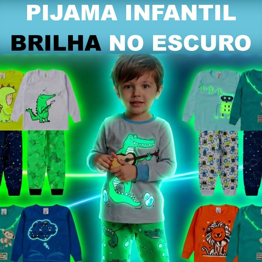 Pijama Brilha no Escuro Sortido Infantil Menino Inverno Roupa Infantil Masculina - 4 ou 2 Peças