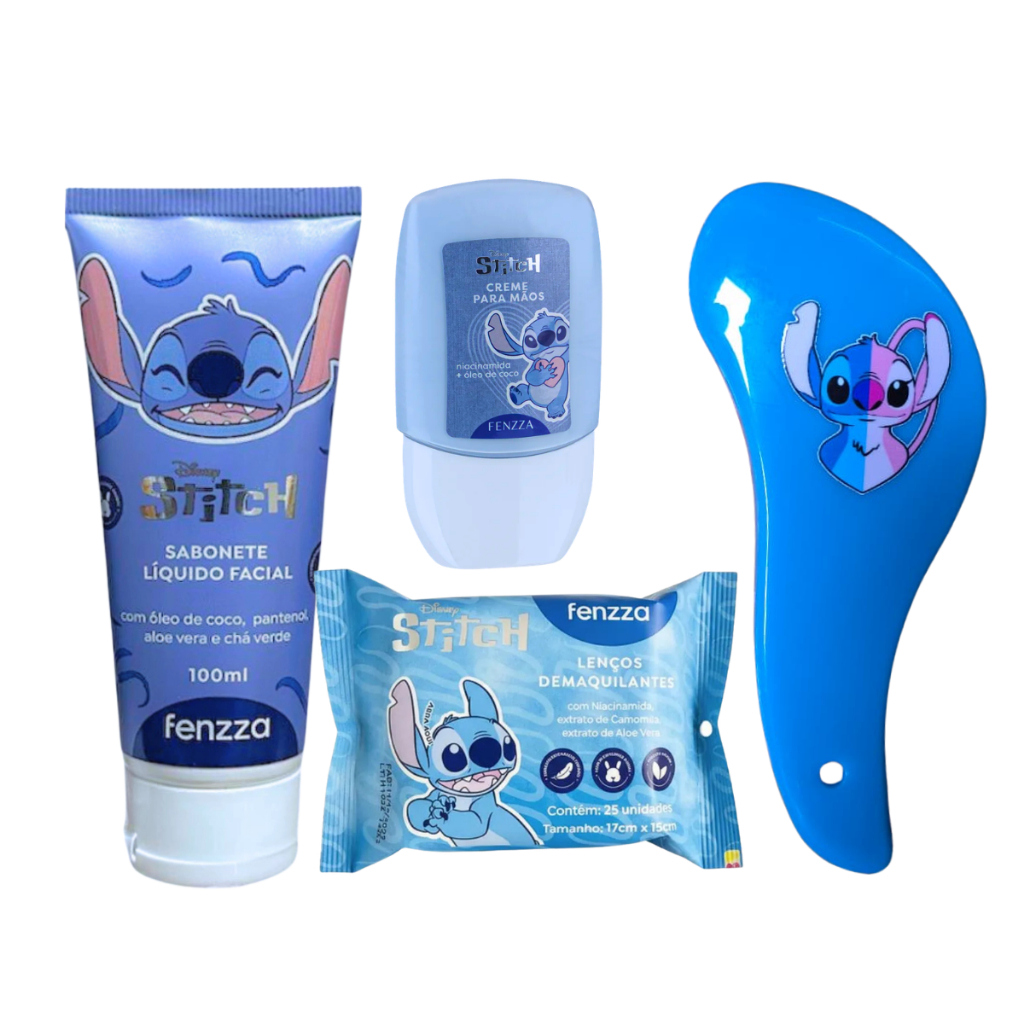 Kit Cuidado Corporal Stitch Fenzza Infantil Sabonete - Hidratante  - Lenço - Escova