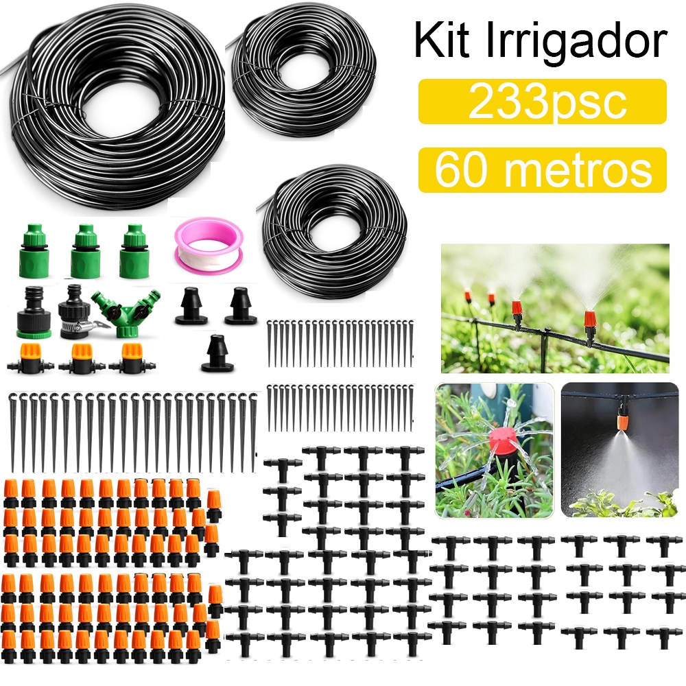 Kit de Irrigação Jardim Varanda 50M/60M 203/233Psc Tubo Spray De Jardim Para Irrigação Automática Ajustável
