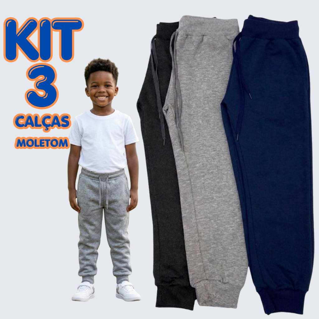 Kit 3 Calças Moletom Algodão Grosso Infantil 4 a 8 Anos Frio Inverno Escola Creche Menino Menina