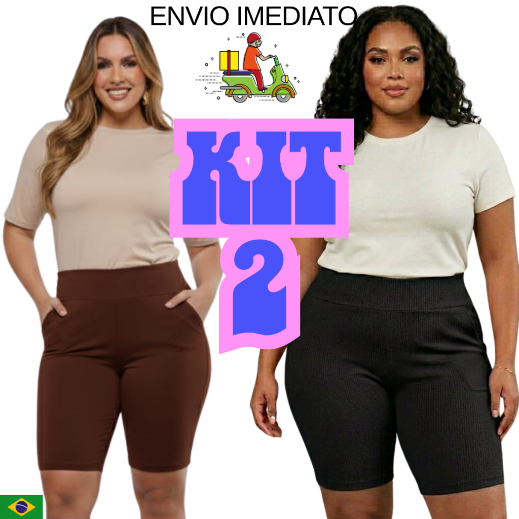 Kit 2 Bermudas Feminina Malha Short Longo Cintura Alta Com Bolso Dia a Dia Plus Size  Academia